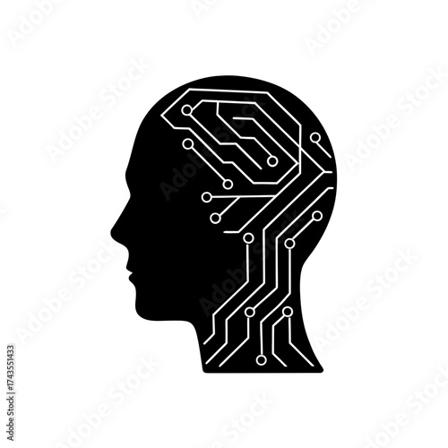 Human head with circuit board illustration on transparent background silhouette