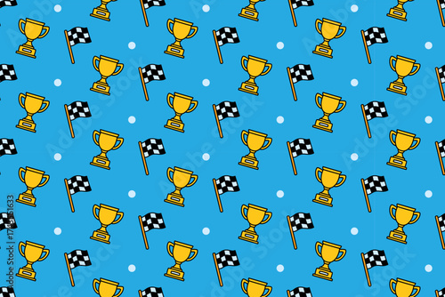 Trophy cup, checkered flag and dot colorful doodle pattern on blue background for racing sport. Victory championship award, flag, point cartoon isolated motif background. Vector illustration