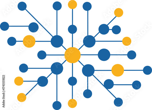 Abstract network of interconnected blue and yellow dots representing data flow and connections