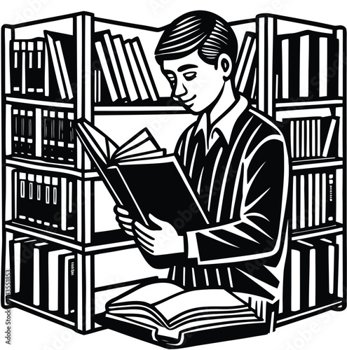 A young student engrossed in a book within a library setting, surrounded by bookshelves filled with knowledge and study materials, enhancing his learning experience, focusing on education