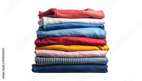 Pile of neatly folded colourful clothes on transparent background, isolated realistic photo.