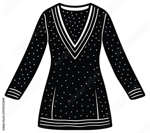 Monochromatic vector graphic of a stylish women's longline V-neck tunic with an elegant polka dot pattern and extended length sweater design