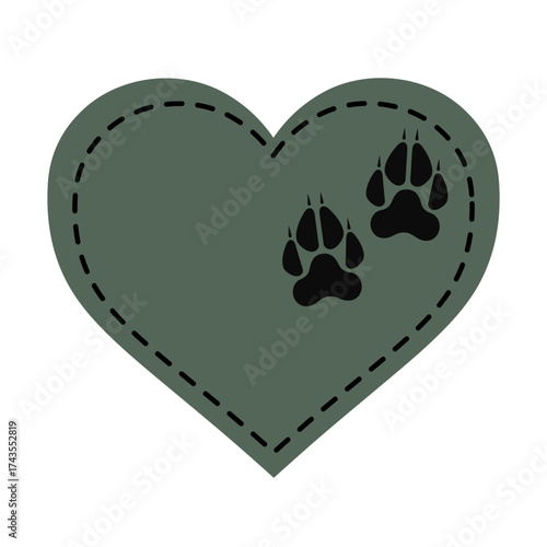 Gray heart label with wolf paw print decorated with black thread stitch. Isolated vector illustration on white background