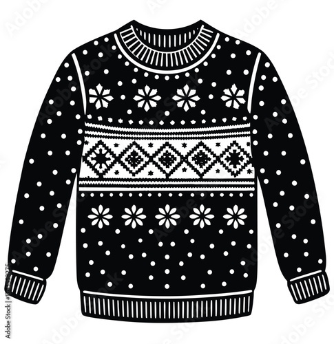 Black and white festive Christmas sweater illustration with snowflake and geometric patterns, perfect for holiday apparel design and winter clothing collections