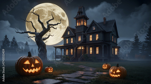 Spooky haunted house with glowing jack o lanterns under a full moon
