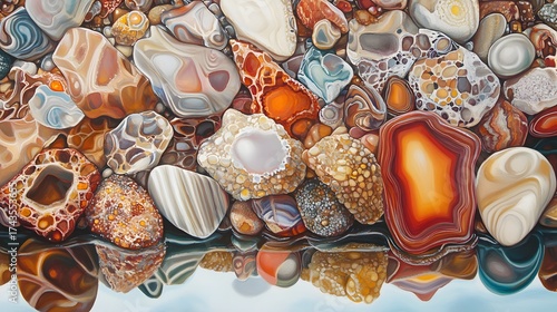Lake superior agates painting with water reflections and detailed mineral patterns