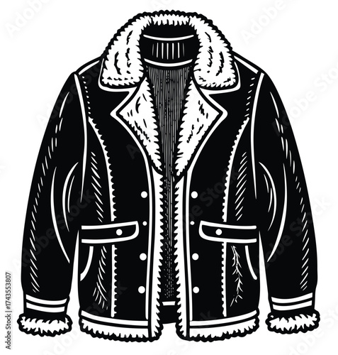 A black and white outline illustration of a cozy, fur-lined jacket, perfect for cold weather adventures and outdoor activities, showcasing its warm and insulated design for ultimate comfort