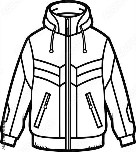 Outline drawing of a sporty, insulated jacket with a hood and zipper closure, featuring clean lines and a modern design perfect for active lifestyles and outdoor adventures