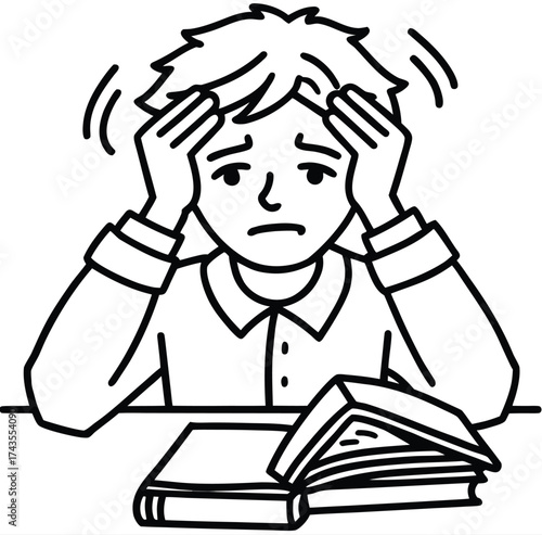Student's Overwhelmed Expression A Detailed Black and White Illustration Depicting the Stress of Academic Pressure Amidst Study Materials, Emphasizing Academic Struggles and Exam Anxiety
