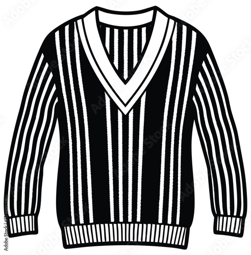Striped Sweater A classic black and white garment with a V-neck design, perfect for adding a touch of retro style to any wardrobe