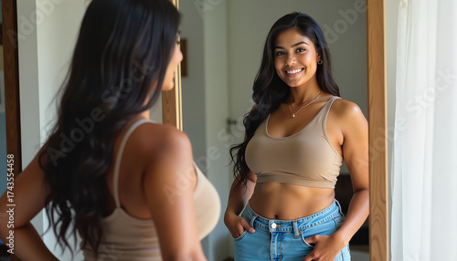 Smiling woman admiring herself in the mirror, confident pose, indoor setting