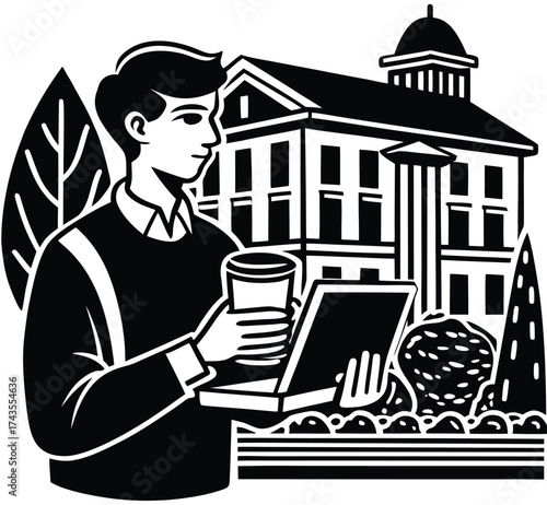 A cartoon vector illustration of a man and woman working on a laptop at a desk in a cafe