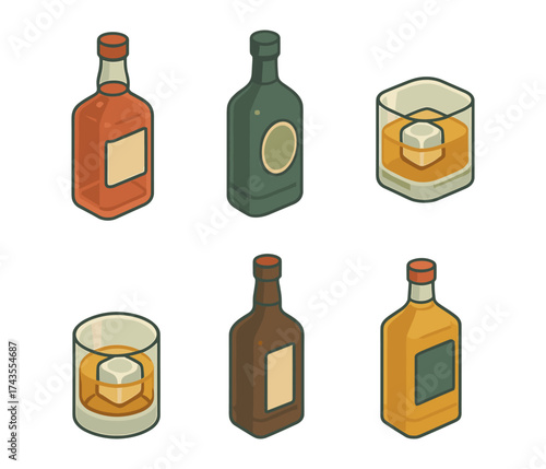 Isometric whiskey icons set ,whiskey bottle, scotch whisky, bourbon glass, ice cube, liquor bottle