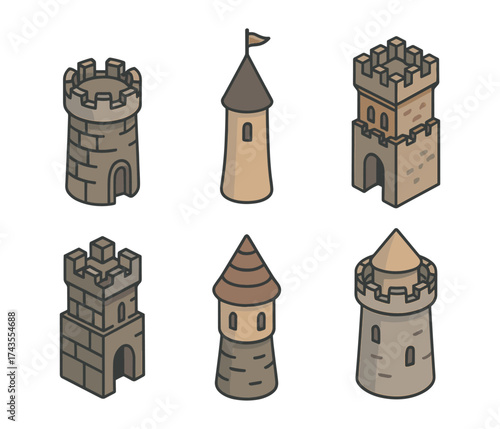 Isometric castle towers icons set ,stone tower, medieval turret, castle keep, watch tower, fortress tower