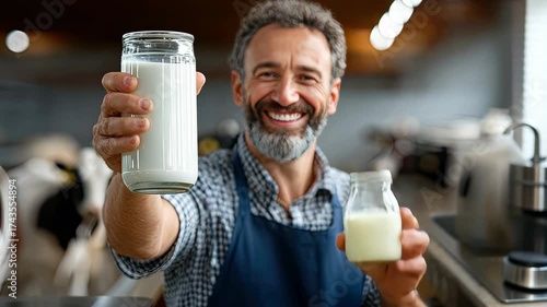 Farmer showcases fresh milk in a glass jar, celebrating the dairy process on the farm during mid-morning hours