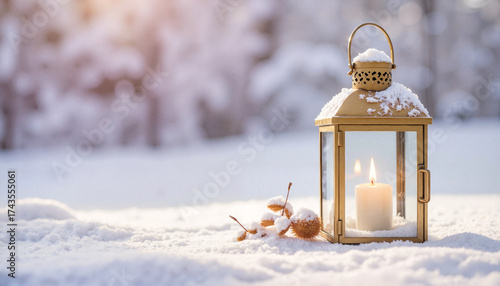 Golden lantern with warm mood holding a lit candle against snowy winter landscape