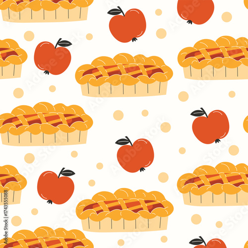 Seamless pattern featuring apple pies with lattice crusts and whole red apples, scattered on a white background with small dots.