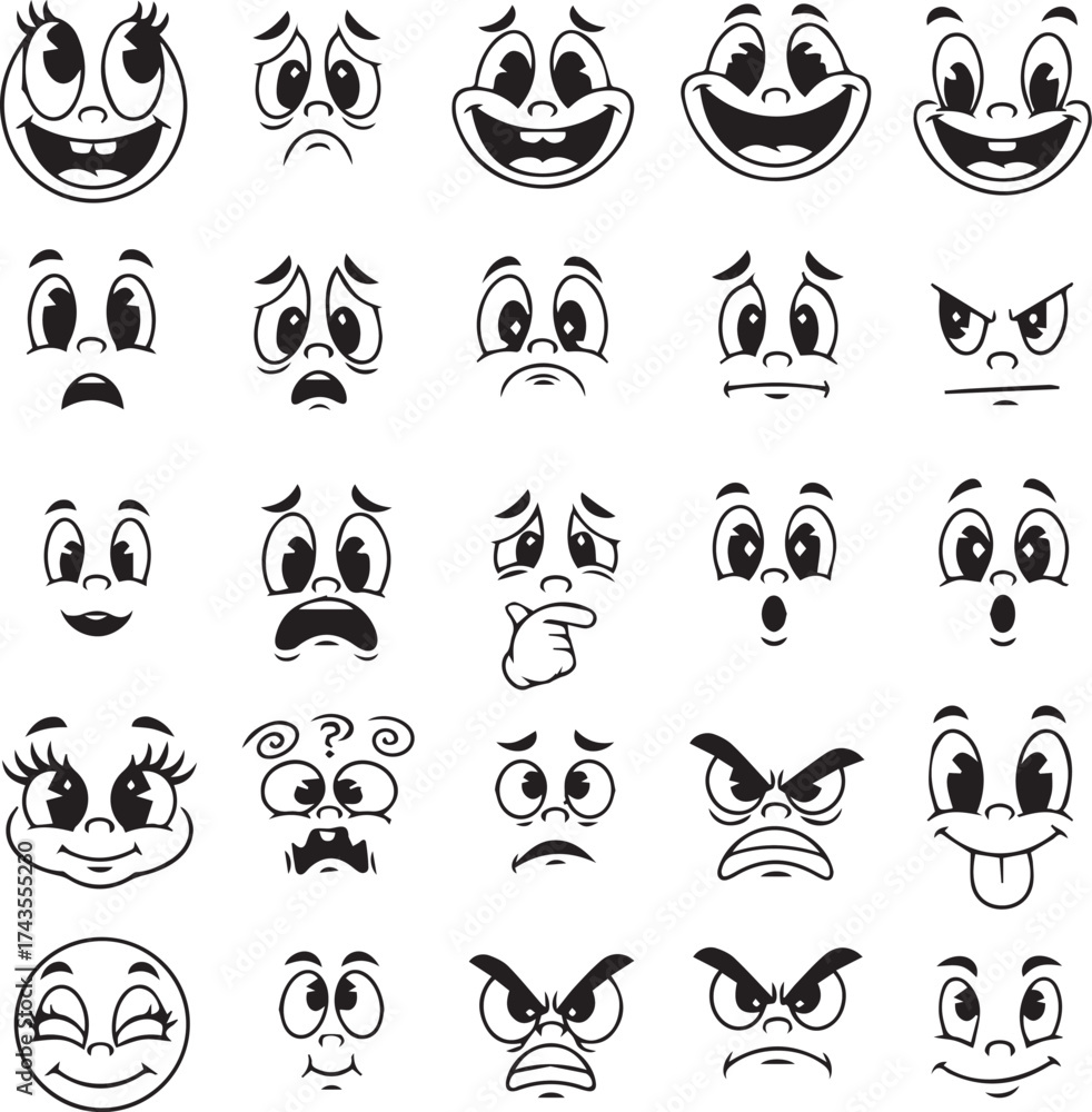 Naklejka premium Cartoon face expression element set cute emoji style faces with funny eyes and mouths, comic character reactions and emotion icons for stickers, animation or vintage mascot design vector illustration