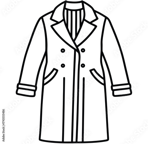 A classic double-breasted trench coat illustration, featuring a lapel collar, two rows of buttons, and two side pockets, perfect for fashion, style, and outerwear design concepts