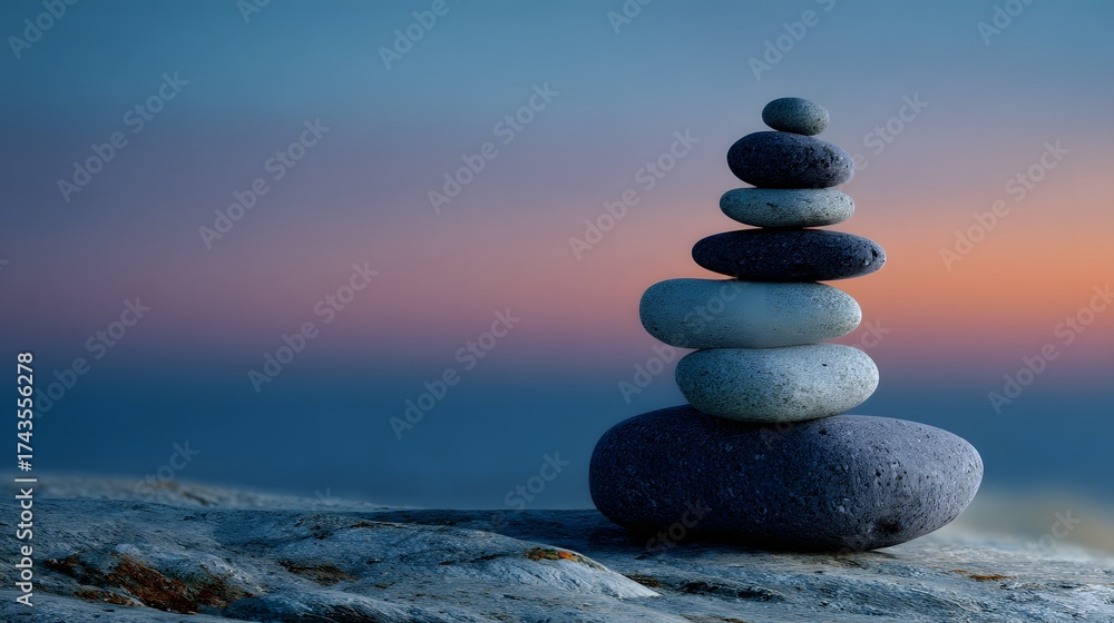 Fototapeta premium A carefully balanced arrangement of smooth stones stacked on top of each other, with a blurred sunset backdrop of blue and orange hues, conveying peace, serenity, and harmonious equilibrium