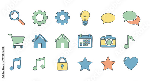 Collection of Pastel Colored Line Art Icons for Web and App Design