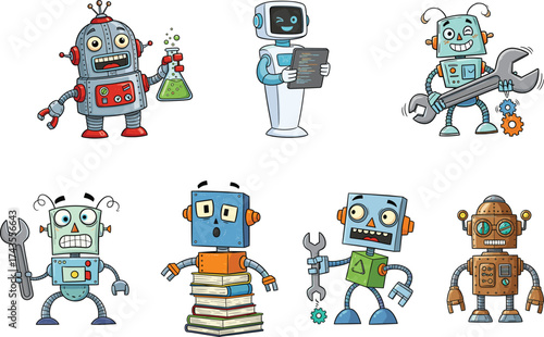 Set of seven colorful cartoon robots with different expressions, tools, books, and lab items on white background, vector illustration cartoon.