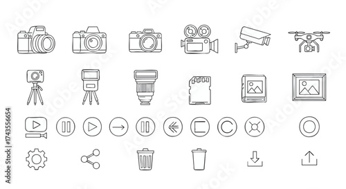 Photography and Videography Equipment and Icons Set Camera, Camcorder, Drone, and More