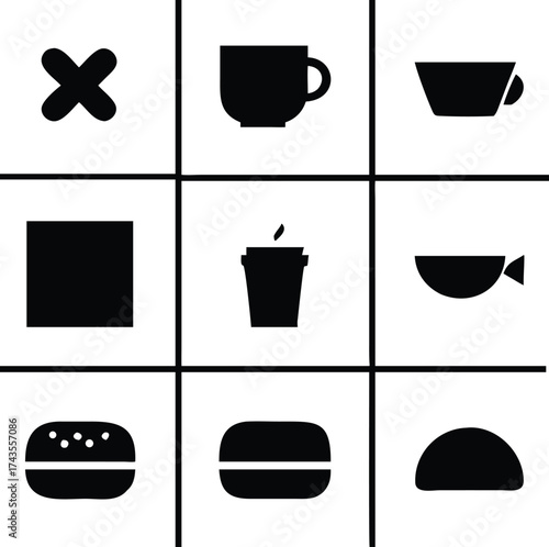 Food and drink tic tac toe grid game with delicious icons representing a fun playful mealtime challenge