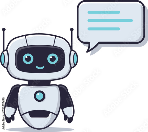 Cute friendly robot character with speech bubble, futuristic artificial intelligence chatbot technology communication vector illustration design.