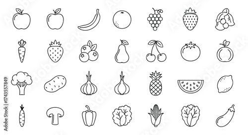 Set of Line Art Icons Representing Various Fruits, Vegetables, and Produce for Healthy Eating and Nutrition