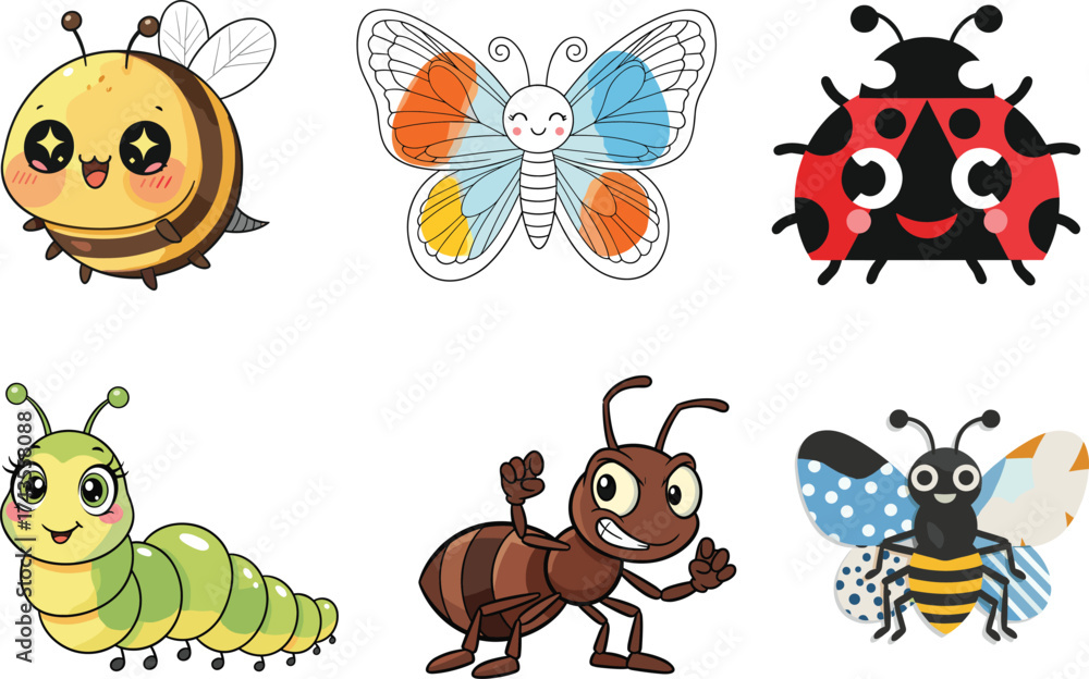 Fototapeta premium Set of six cute cartoon insects including bee, butterfly, ladybug, caterpillar, and ant with white background, vector illustration cartoon.