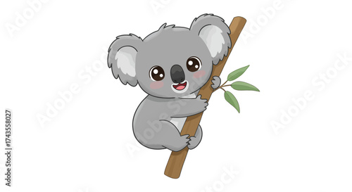 A cartoon koala perched on a tree branch with leaves, illustrating a serene wildlife scene.