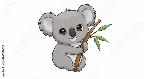 Cartoon koala hugging a branch with green leaves set against a white background
