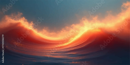 Dramatic abstract fire waves of orange and red light against a blue dusk sky