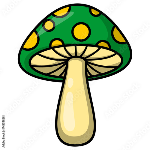 Green and Yellow Cartoon Mushroom Vector Illustration Isolated on White Background, Flat Cute Toadstool Icon for Game Design, Nature, Food Logo, Kids Education, and Fantasy Graphic Elements