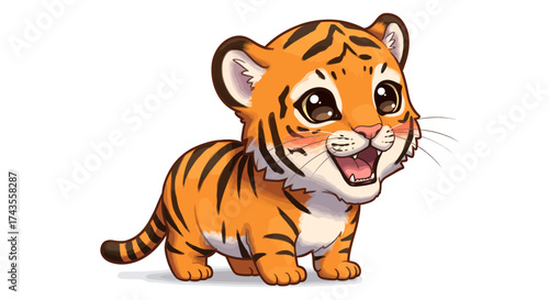 Cartoon tiger cub with orange and black stripes big eyes and mouth open