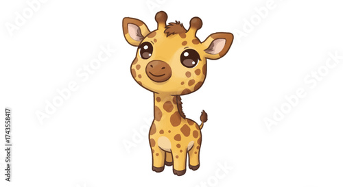 A cartoon giraffe with big eyes small horns and brown spots stands against a white background