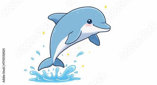 A blue cartoon dolphin leaping out of water with sparkles around it