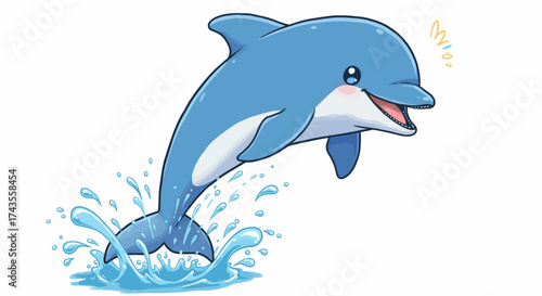 A blue dolphin leaps from water joyful with cheek blush and exclamatory marks