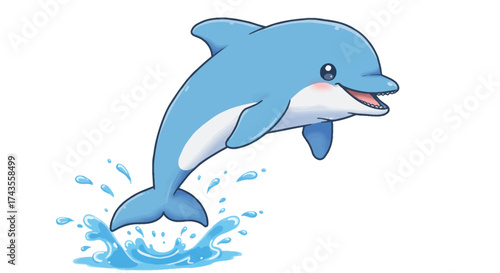 A cartoon dolphin leaps out of stylized blue water with a smiling expression