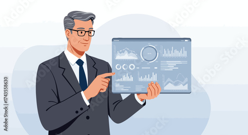 Man in Suit Presenting Financial Data on a Digital Screen with Charts and Graphs