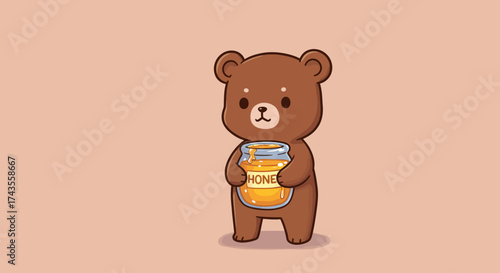 Brown bear holding a honey jar on a salmoncolored background