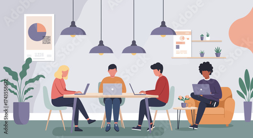 Modern digital workspace showcasing diverse professionals collaborating on laptops in a vibrant, flat-style office environment, emphasizing teamwork and productivity