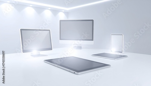 Modern minimalistic interior rendered in shades of grey with soft lighting creating ambiance