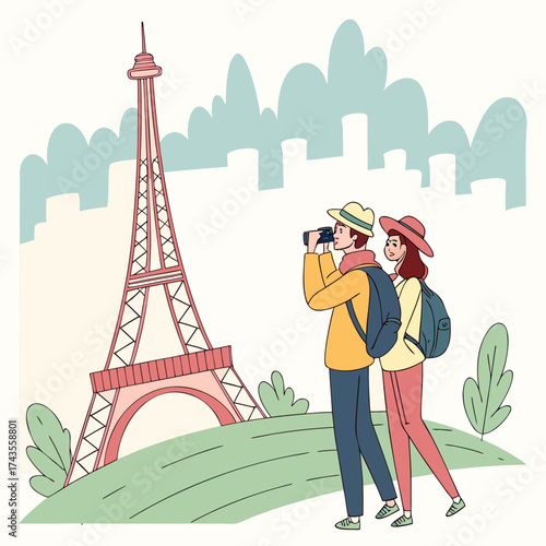 Couple on romantic Paris vacation admiring Eiffel Tower, capturing memories with camera, enjoying vibrant city life and travel adventures together today