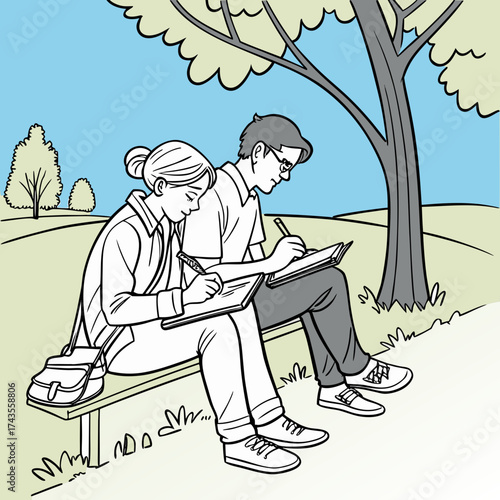 Couple sketching together on park bench under tree, enjoying creative time outdoors and artistic expression, perfect for educational or recreational themes