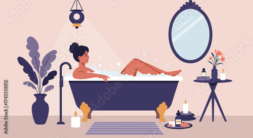 This flat design illustration portrays a woman indulging in a luxurious spa-like bath experience, surrounded by elegant amenities in a serene bathroom setting. 