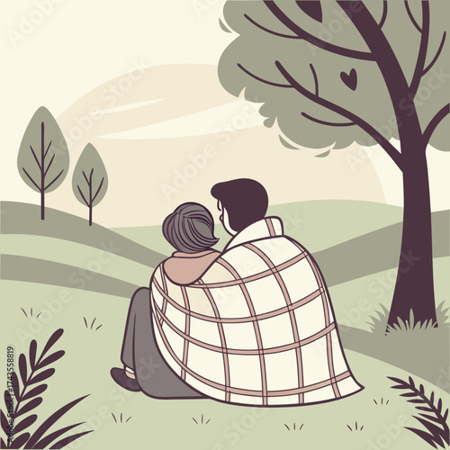 Cozy couple snuggling under a blanket in a serene park setting, enjoying nature and togetherness, ideal for romance, relaxation, and outdoor lifestyle themes