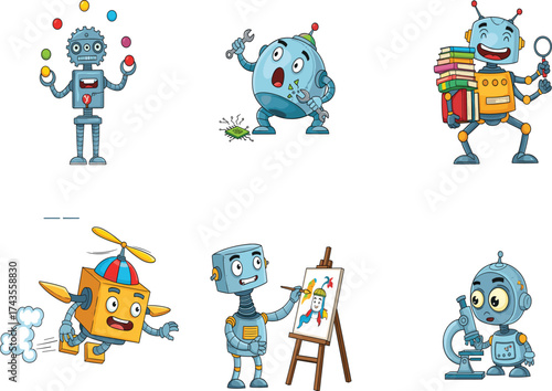 Set of six playful cartoon robots doing activities like drawing, reading, flying, researching, and juggling on white background, vector illustration cartoon.