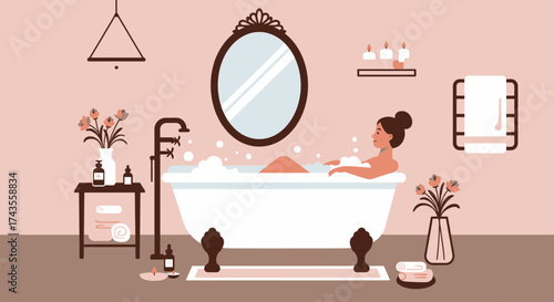This flat design illustration portrays a woman indulging in a luxurious spa-like bath experience, surrounded by elegant amenities in a serene bathroom setting. 
